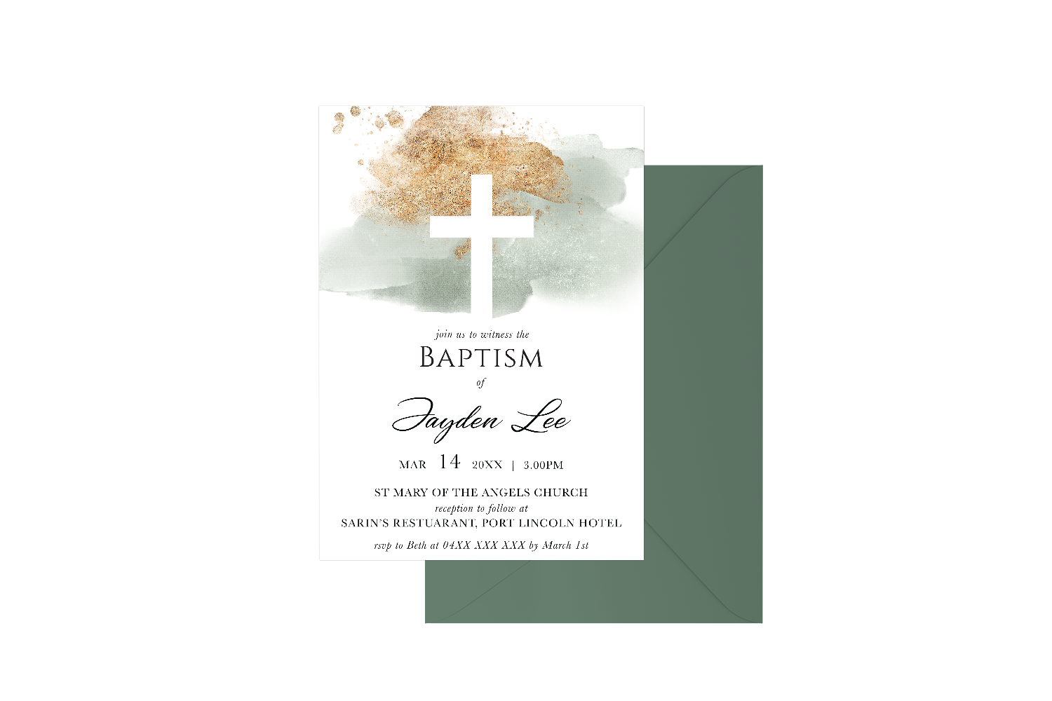 Gold Spray Watercolour Cross Customised Baptism Boy