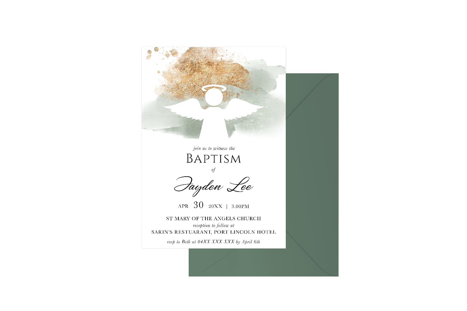 Gold Spray Watercolour Angel Customised Baptism Boy