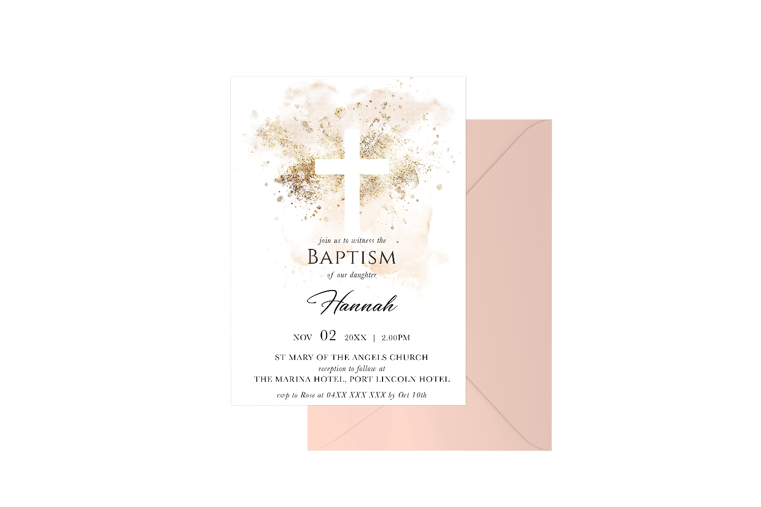 Gold Spray Watercolour Cross Customised Baptism Girl