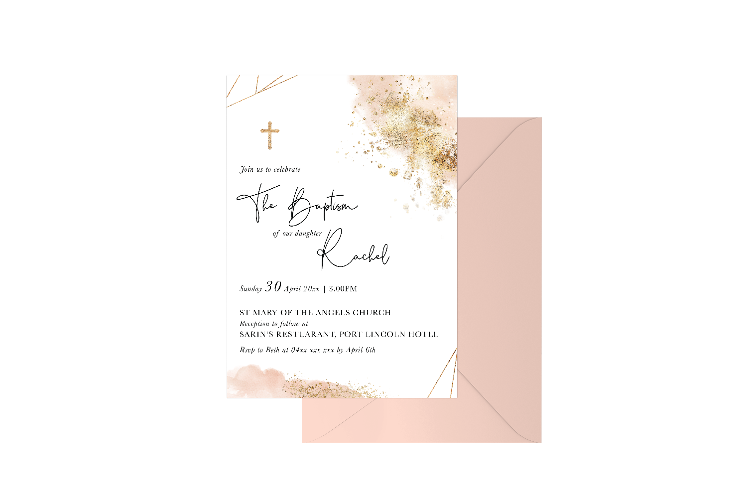 Geometric Gold Spray Watercolour Customised Baptism Girl